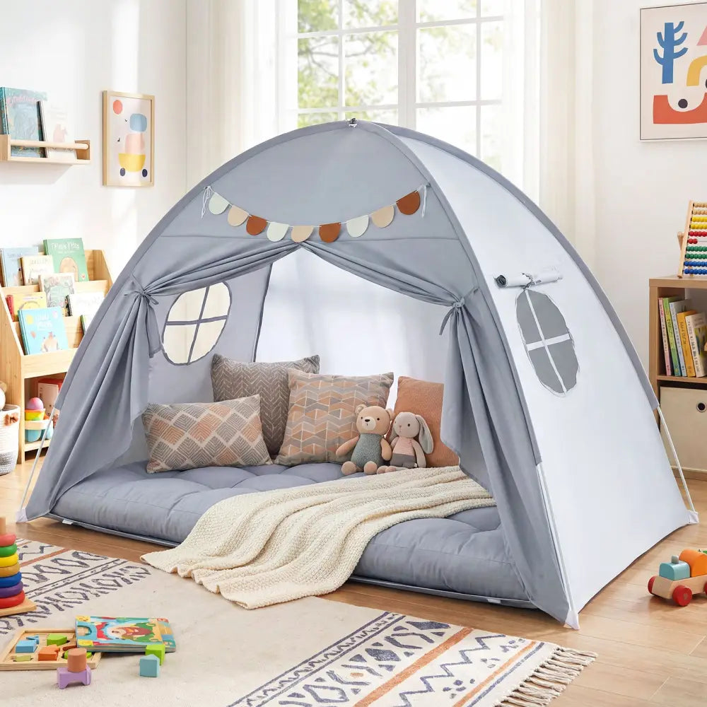 Twin Size Indoor Canopy Tent for Kids with 2 Window and Suits 3+-Grey - Gray - Play Tents & Playhouse