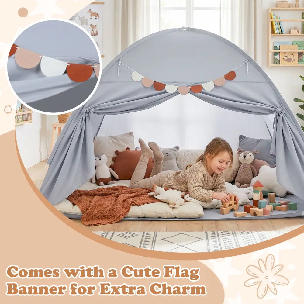 Twin Size Indoor Canopy Tent for Kids with 2 Window and Suits 3+-Grey - Gray - Play Tents & Playhouse