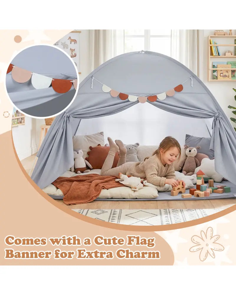 Twin Size Indoor Canopy Tent for Kids with 2 Window and Suits 3+-Grey - Gray - Play Tents & Playhouse