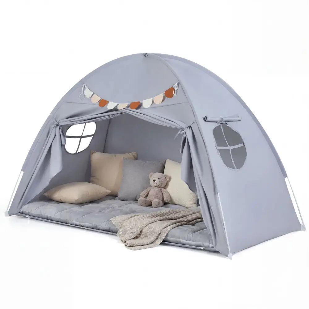 Twin Size Indoor Canopy Tent for Kids with 2 Window and Suits 3+-Grey - Gray - Play Tents & Playhouse