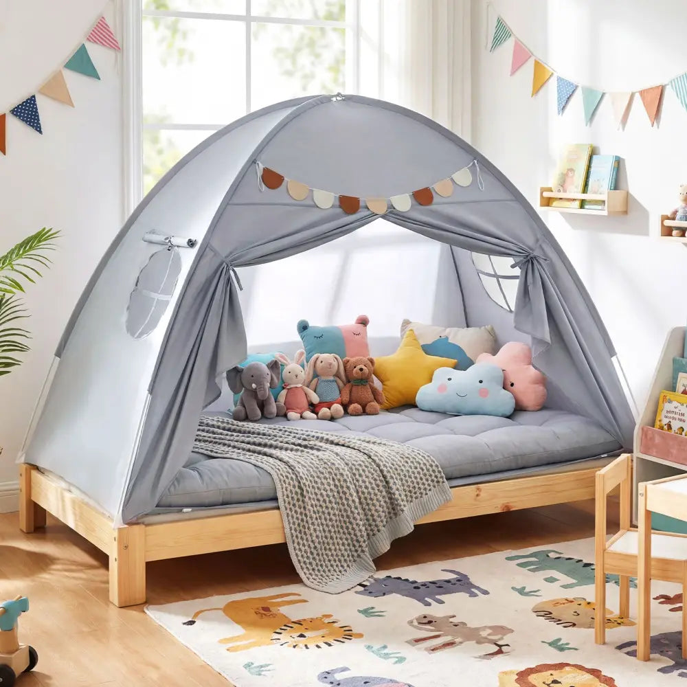 Twin Size Indoor Canopy Tent for Kids with 2 Window and Suits 3+-Grey - Gray - Play Tents & Playhouse