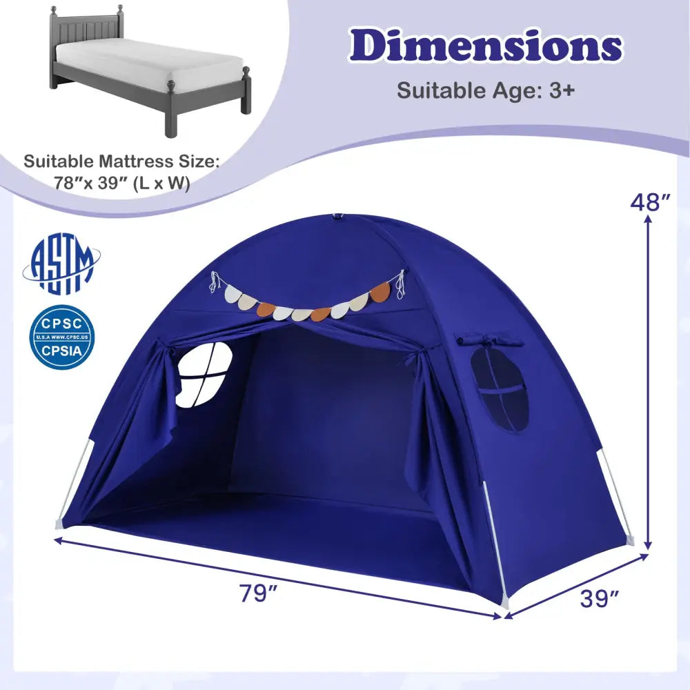 Twin Size Indoor Canopy Tent for Kids with 2 Window and Suits 3+-Navy - Navy - Play Tents & Playhouse