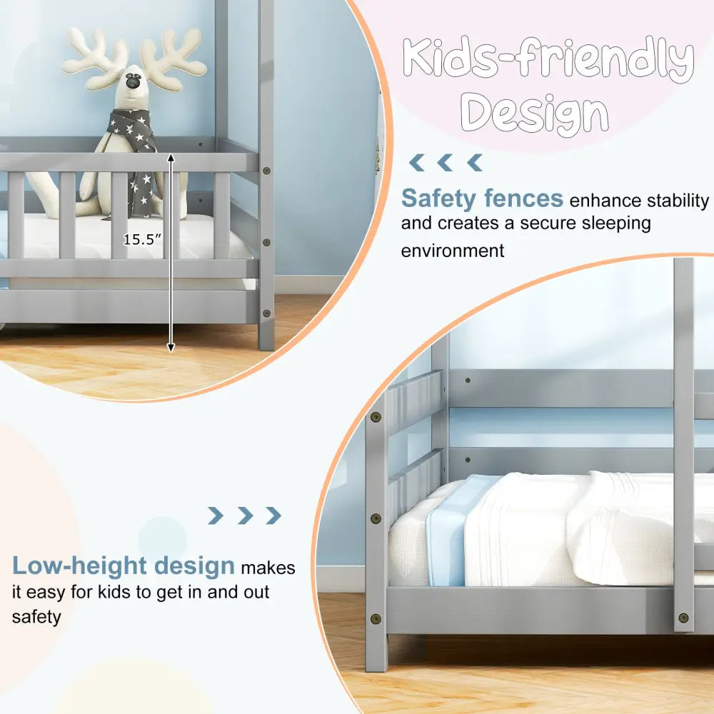 Twin Size Kids House Bed Wooden Floor Bed with Roof and Full-length Safety Guardrail-Gray - Gray - Toddler Beds