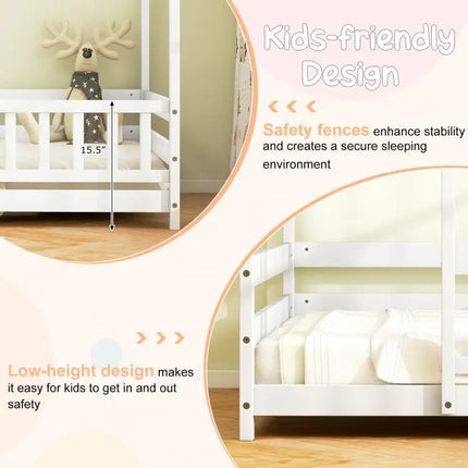 Twin Size Kids House Bed Wooden Floor Bed with Roof and Full length Safety Guardrail - White - Oasis Home Essentials