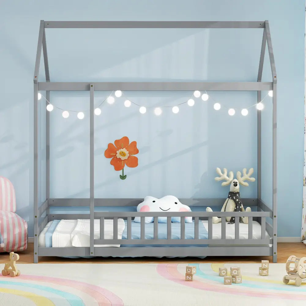 Twin Size Kids House Bed Wooden Floor Bed with Roof and Full-length Safety Guardrail-Gray - Gray - Toddler Beds
