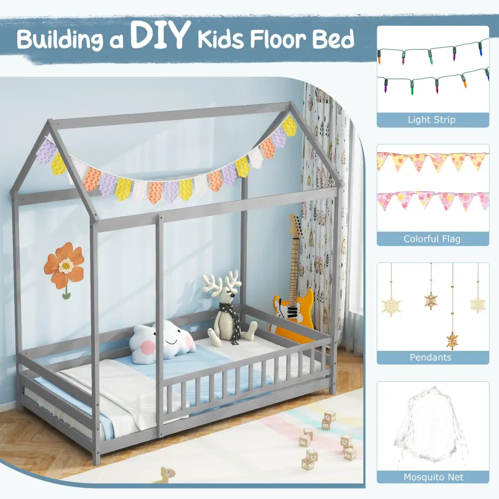 Twin Size Kids House Bed Wooden Floor Bed with Roof and Full-length Safety Guardrail-Gray - Gray - Toddler Beds