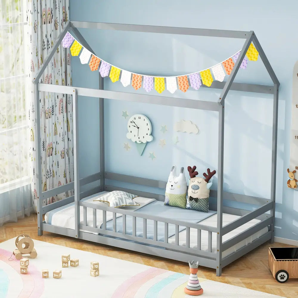 Twin Size Kids House Bed Wooden Floor Bed with Roof and Full-length Safety Guardrail-Gray - Gray - Toddler Beds
