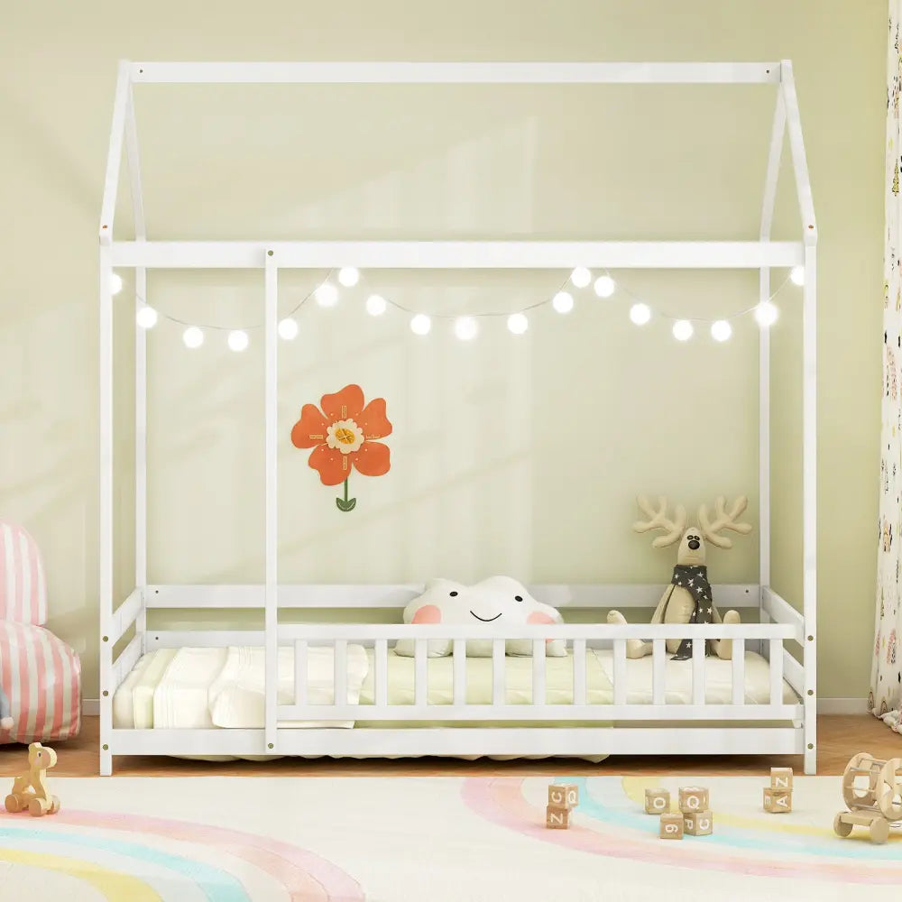 Twin Size Kids House Bed Wooden Floor Bed with Roof and Full-length Safety Guardrail-White - White - Toddler Beds