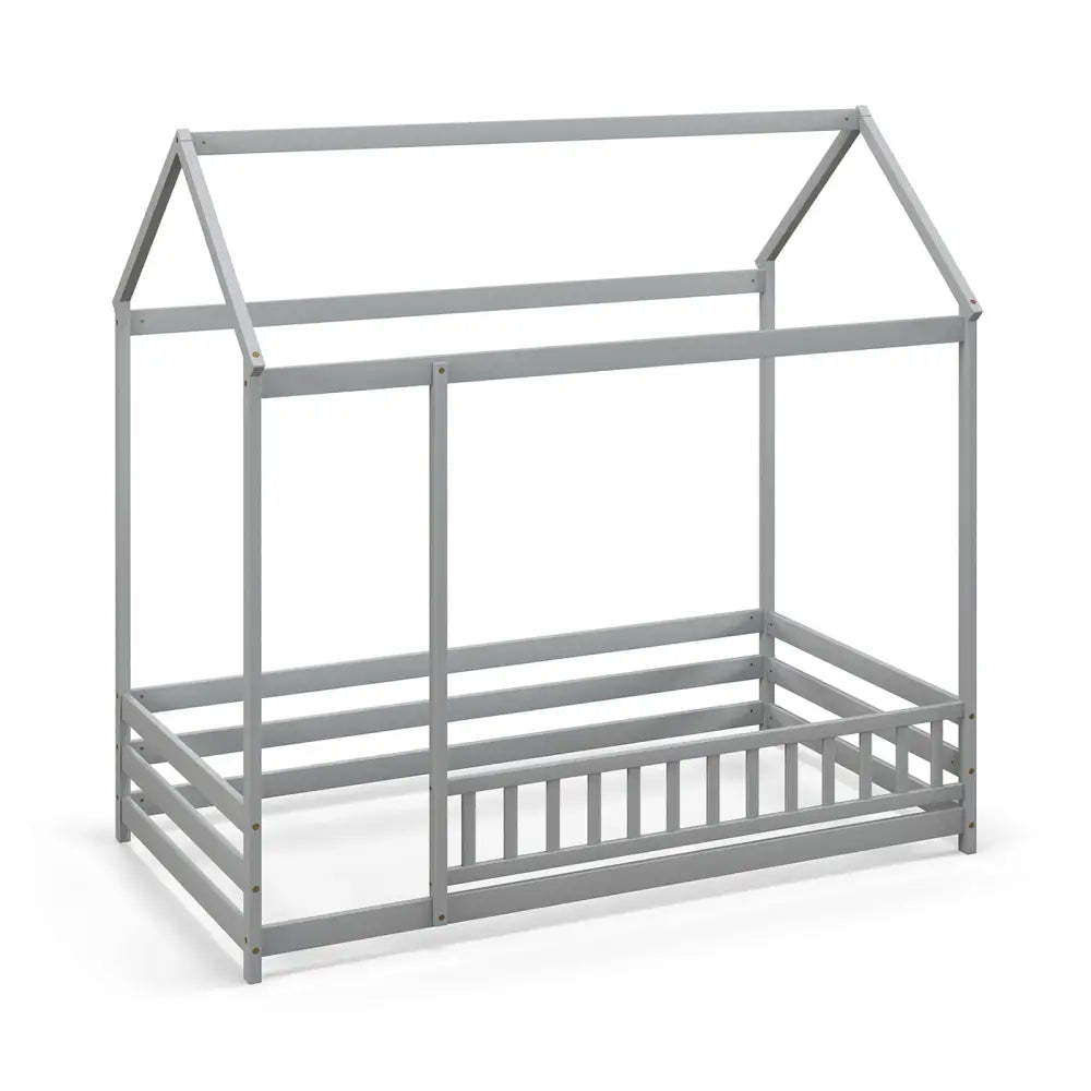 Twin Size Kids House Bed Wooden Floor Bed with Roof and Full-length Safety Guardrail-Gray - Gray - Toddler Beds