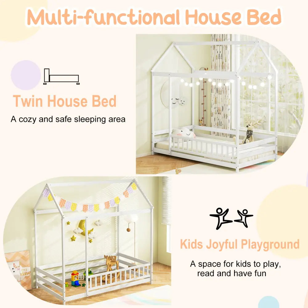 Twin Size Kids House Bed Wooden Floor Bed with Roof and Full-length Safety Guardrail-White - White - Toddler Beds
