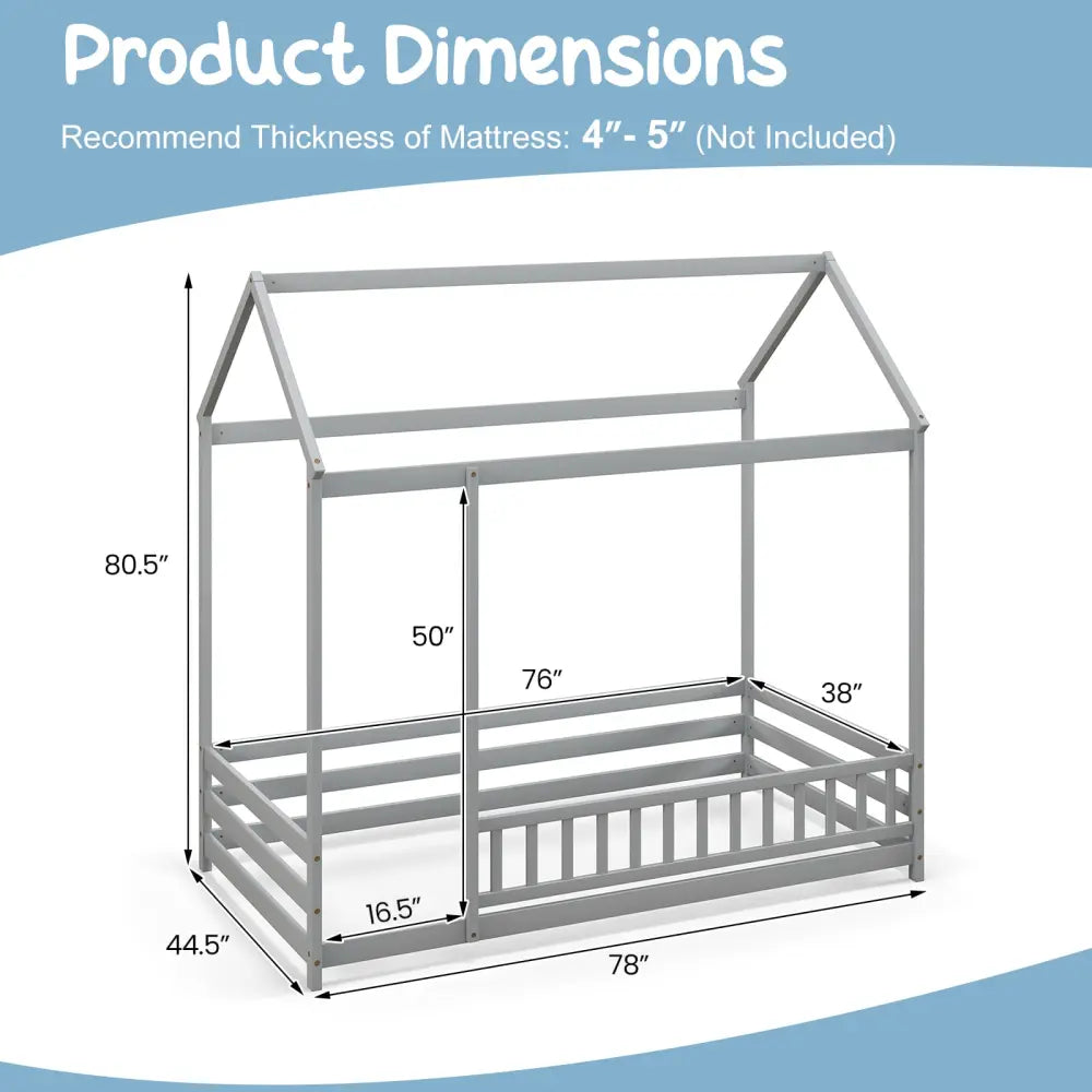 Twin Size Kids House Bed Wooden Floor Bed with Roof and Full-length Safety Guardrail-Gray - Gray - Toddler Beds