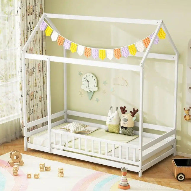 Twin Size Kids House Bed Wooden Floor Bed with Roof and Full length Safety Guardrail - White - Oasis Home Essentials