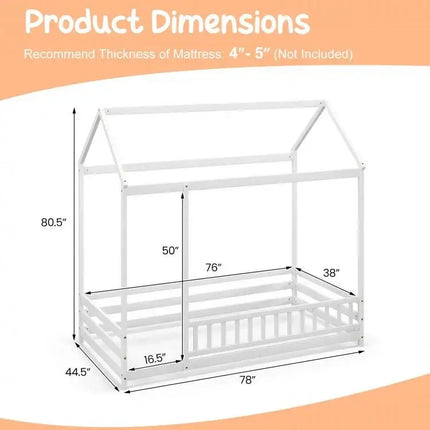 Twin Size Kids House Bed Wooden Floor Bed with Roof and Full length Safety Guardrail - White - Oasis Home Essentials