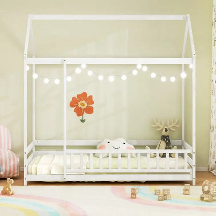 Twin Size Kids House Bed Wooden Floor Bed with Roof and Full length Safety Guardrail - White - Oasis Home Essentials