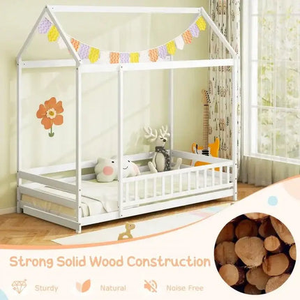 Twin Size Kids House Bed Wooden Floor Bed with Roof and Full length Safety Guardrail - White - Oasis Home Essentials