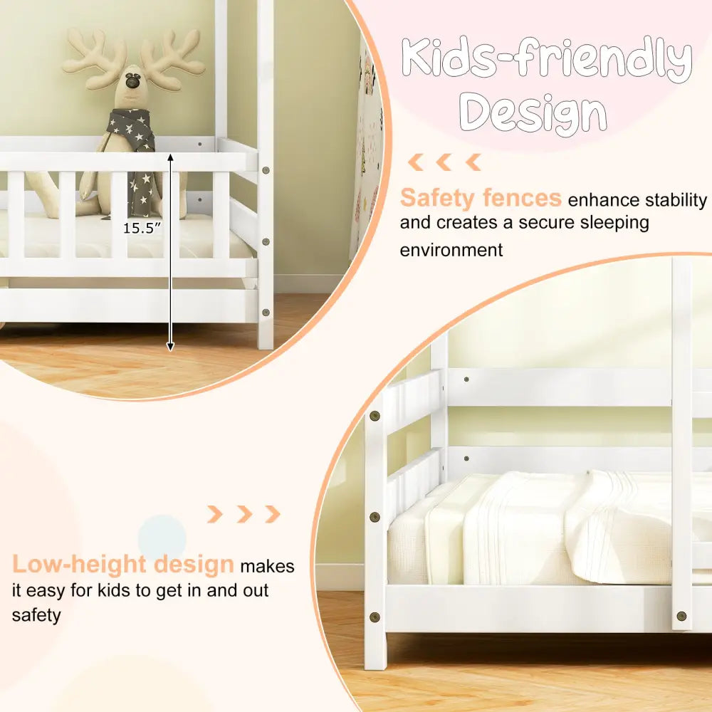 Twin Size Kids House Bed Wooden Floor Bed with Roof and Full-length Safety Guardrail-White - White - Toddler Beds