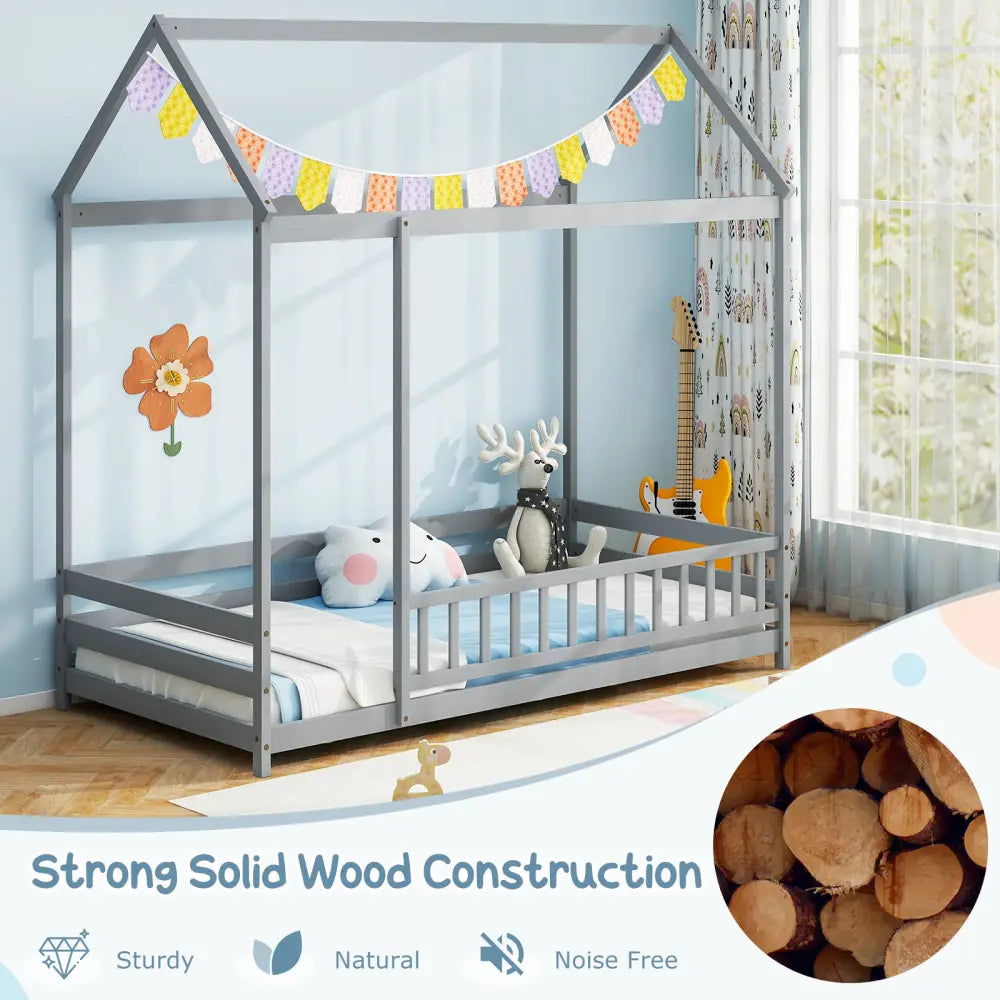 Twin Size Kids House Bed Wooden Floor Bed with Roof and Full-length Safety Guardrail-Gray - Gray - Toddler Beds