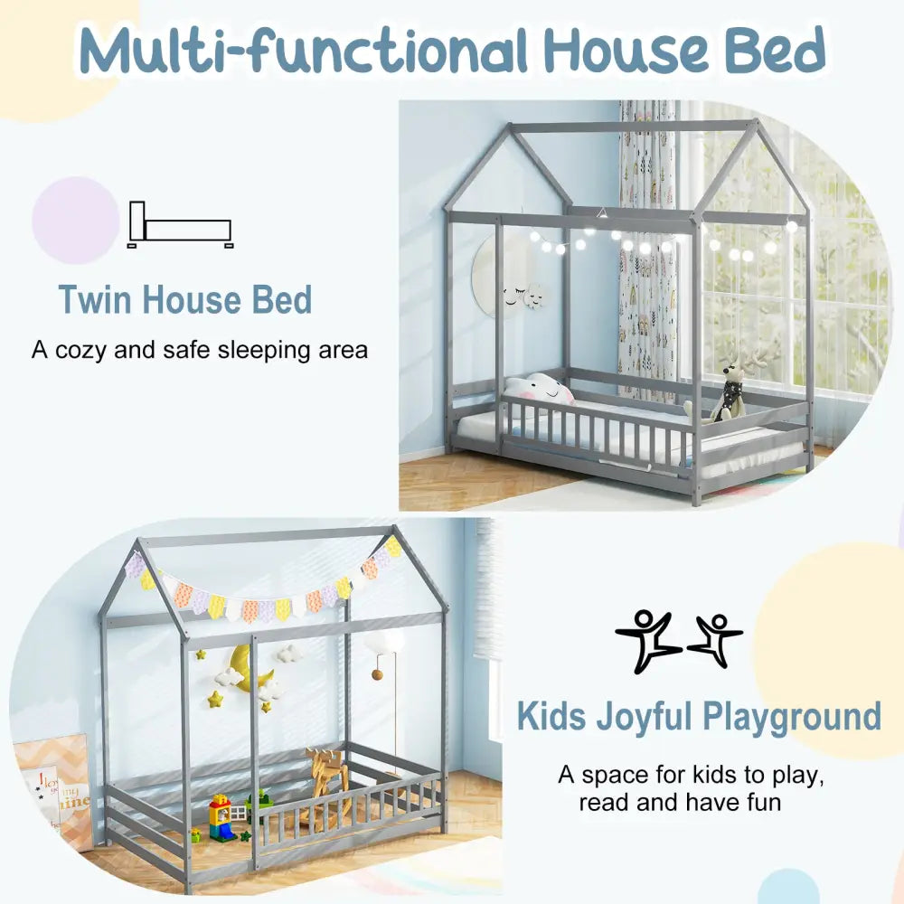Twin Size Kids House Bed Wooden Floor Bed with Roof and Full-length Safety Guardrail-Gray - Gray - Toddler Beds