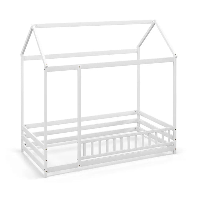Twin Size Kids House Bed Wooden Floor Bed with Roof and Full-length Safety Guardrail-White - White - Toddler Beds