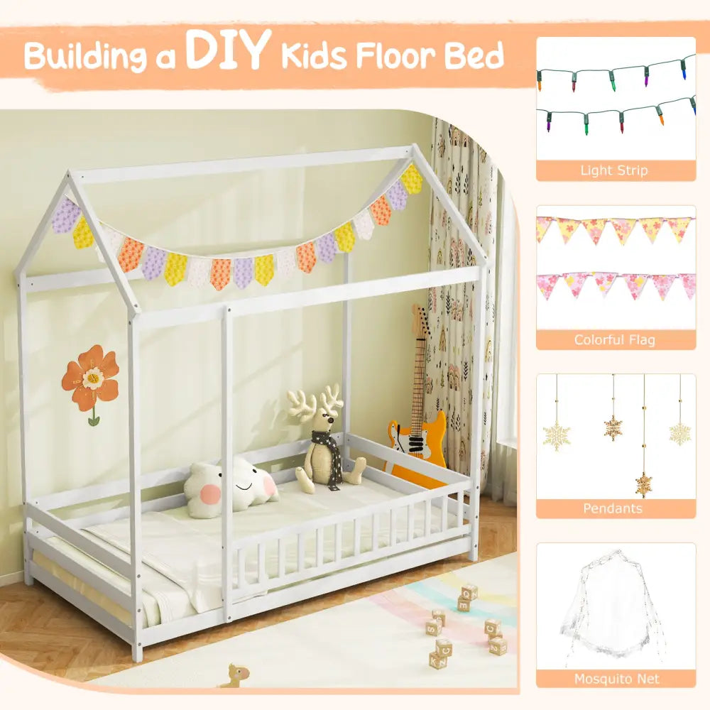 Twin Size Kids House Bed Wooden Floor Bed with Roof and Full-length Safety Guardrail-White - White - Toddler Beds