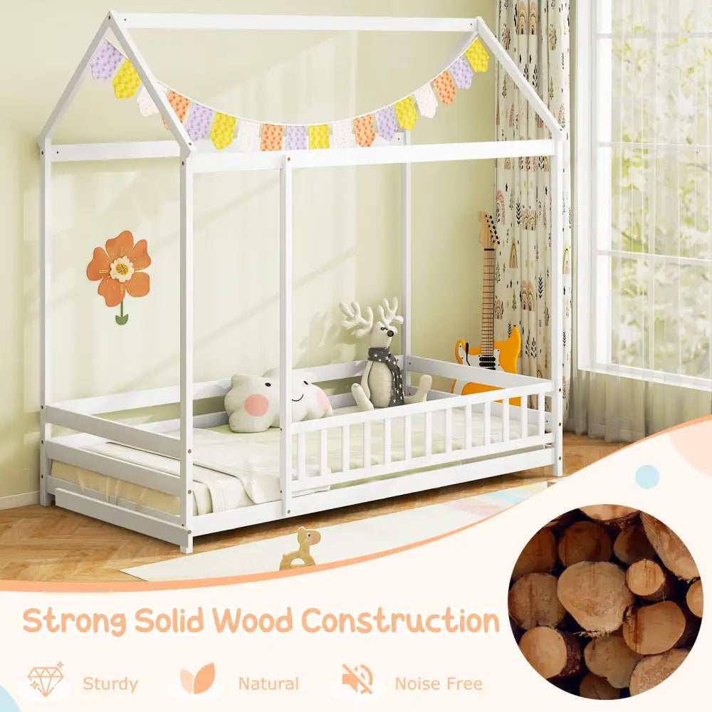 Twin Size Kids House Bed Wooden Floor Bed with Roof and Full-length Safety Guardrail-White - White - Toddler Beds