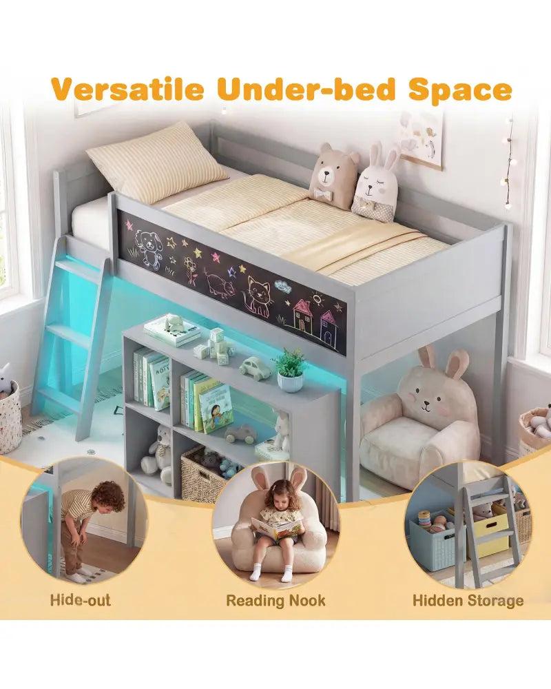 Twin Size Kids Loft Bed with LED Lights and Removable Bookcase-Gray - Gray - Bunk Bed Frame