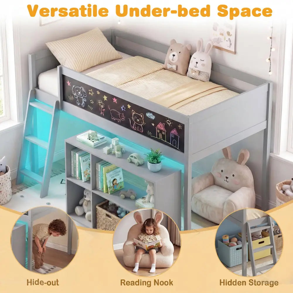 Twin Size Kids Loft Bed with LED Lights and Removable Bookcase-Gray - Gray - Bunk Bed Frame