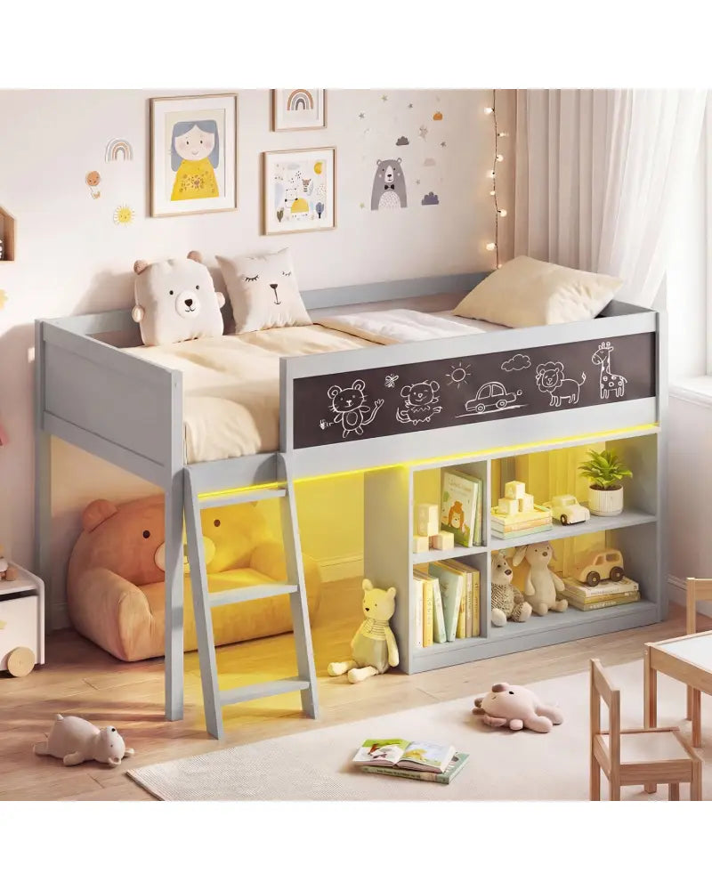 Twin Size Kids Loft Bed with LED Lights and Removable Bookcase-Gray - Gray - Bunk Bed Frame