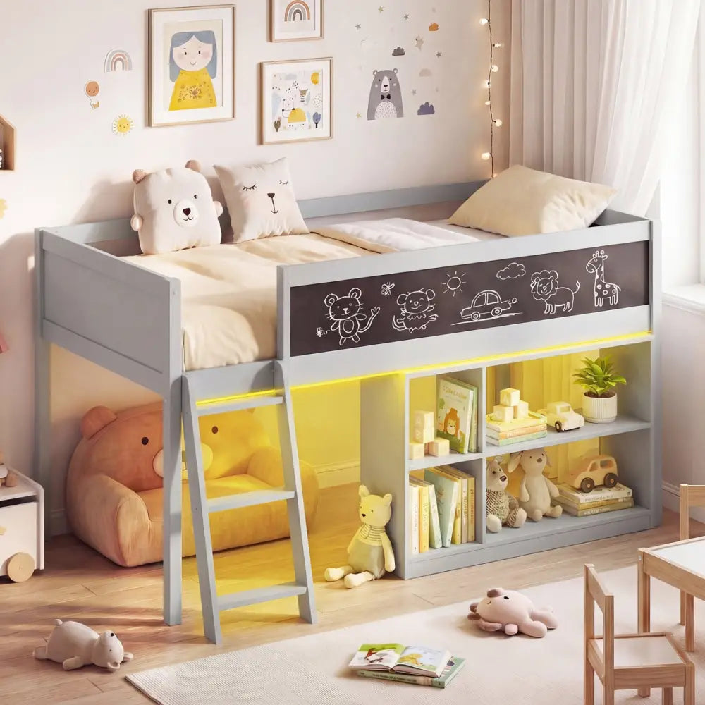 Twin Size Kids Loft Bed with LED Lights and Removable Bookcase-Gray - Gray - Bunk Bed Frame