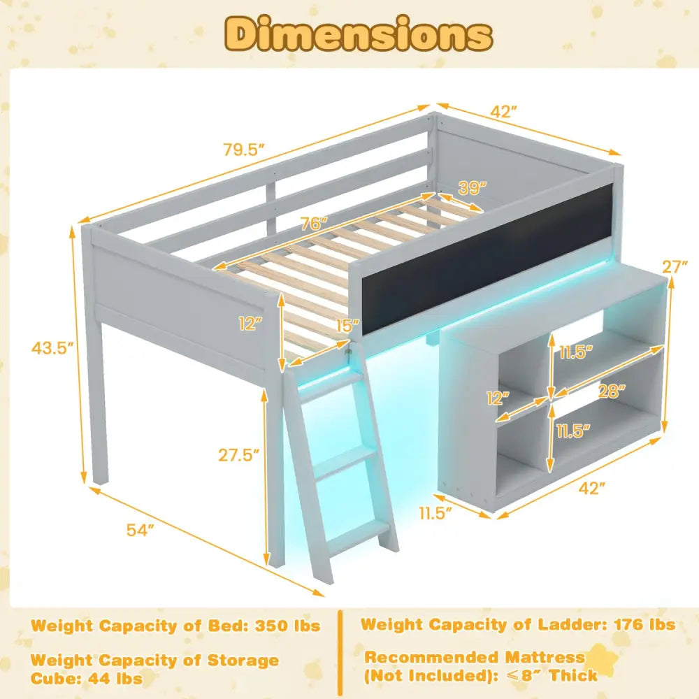 Twin Size Kids Loft Bed with LED Lights and Removable Bookcase-Gray - Gray - Bunk Bed Frame