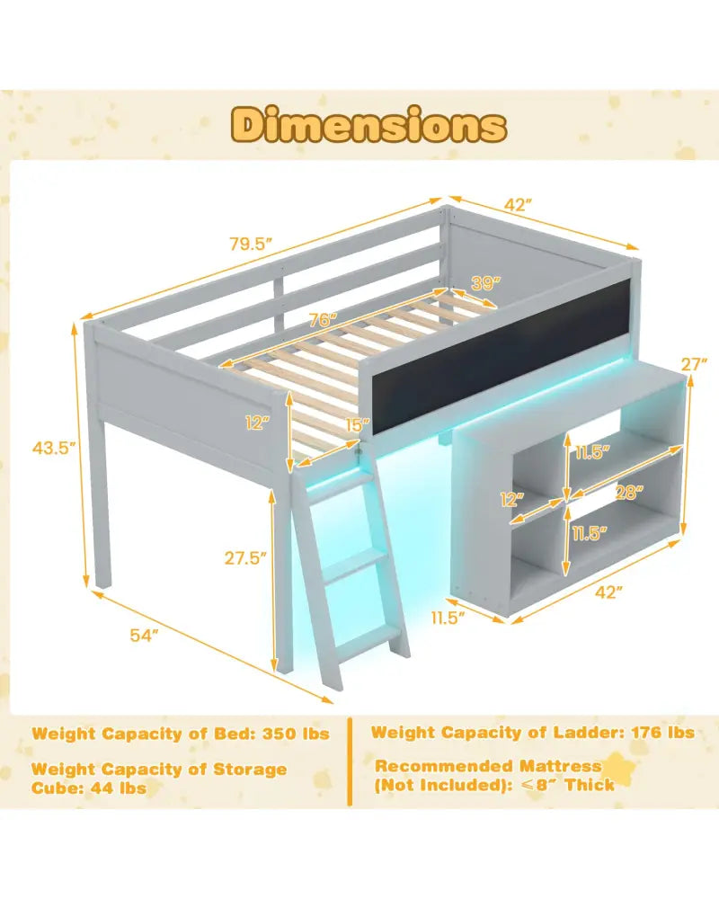 Twin Size Kids Loft Bed with LED Lights and Removable Bookcase-Gray - Gray - Bunk Bed Frame