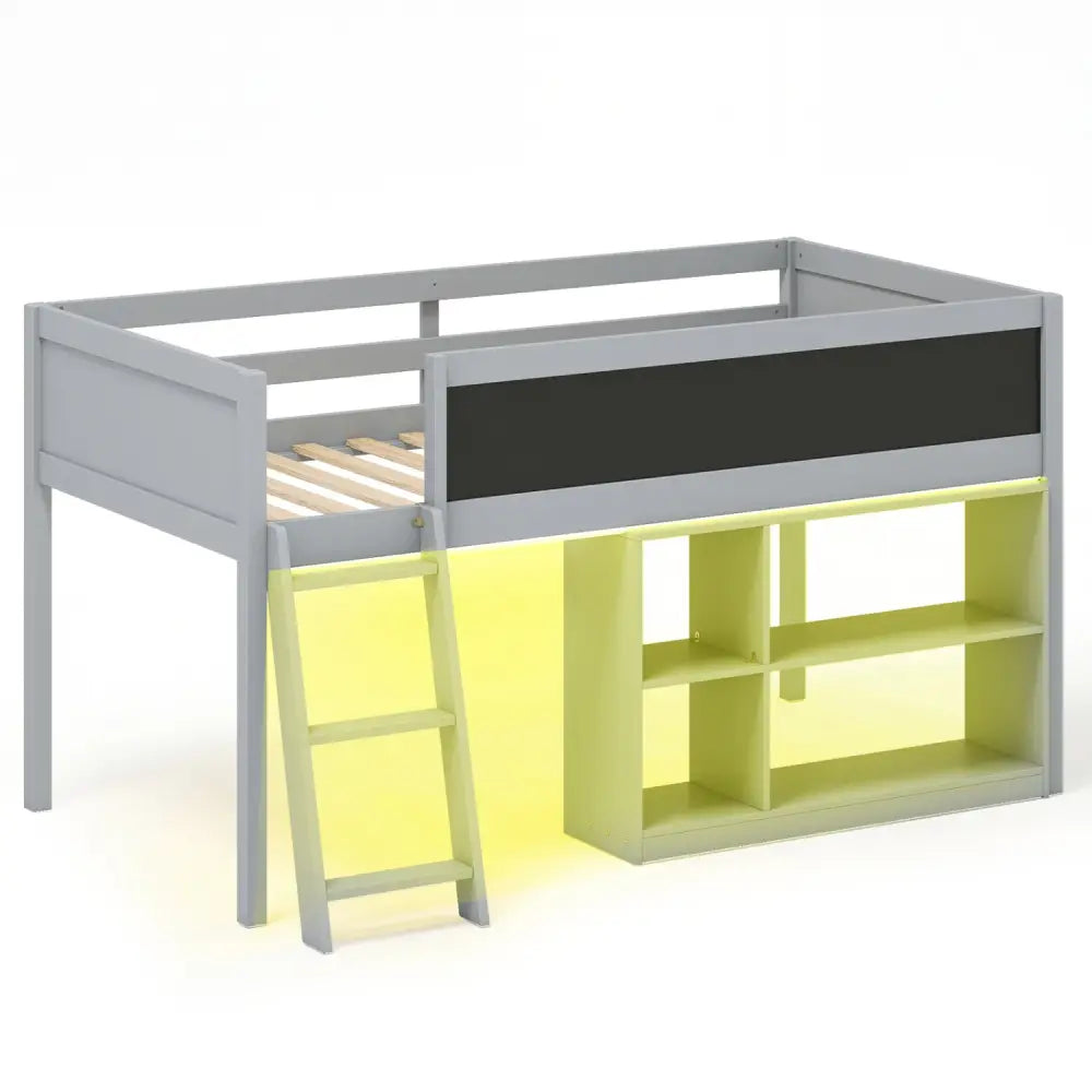 Twin Size Kids Loft Bed with LED Lights and Removable Bookcase-Gray - Gray - Bunk Bed Frame