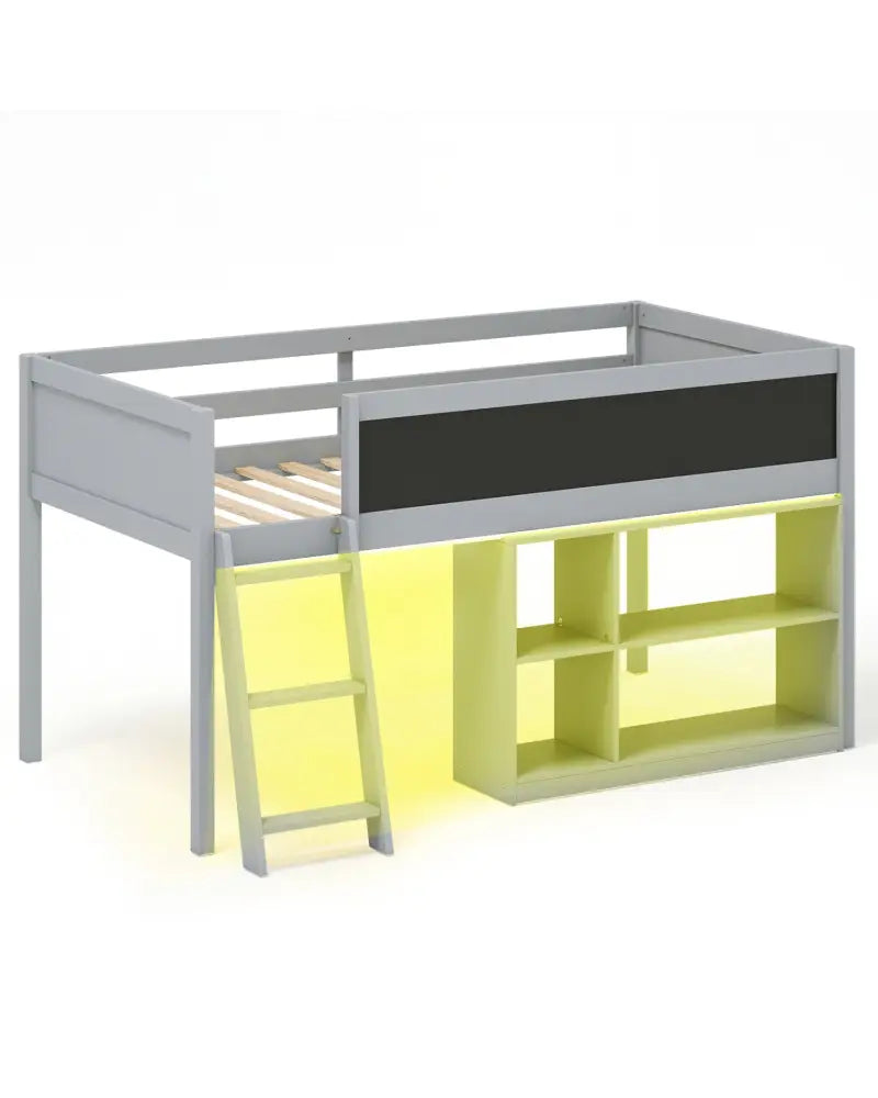 Twin Size Kids Loft Bed with LED Lights and Removable Bookcase-Gray - Gray - Bunk Bed Frame