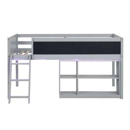 Twin Size Kids Loft Bed with LED Lights and Removable Bookcase-Gray - Gray - Bunk Bed Frame