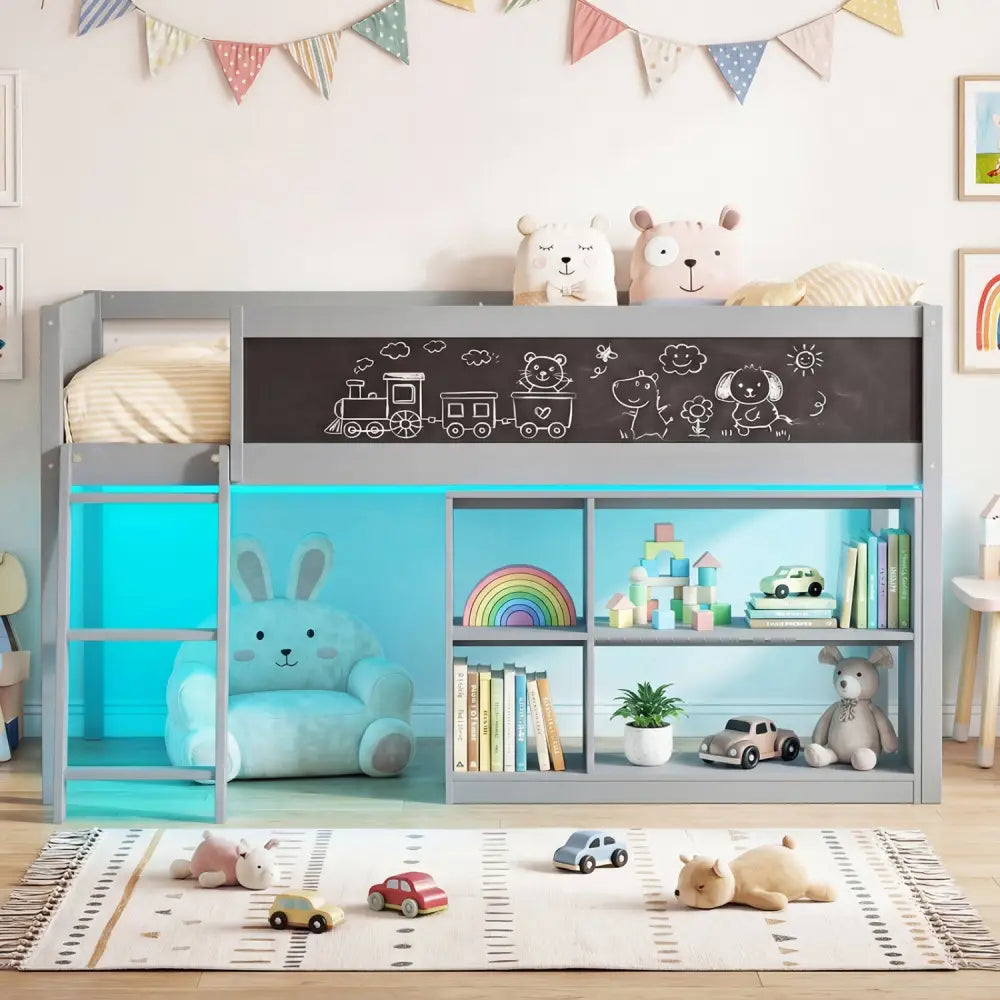 Twin Size Kids Loft Bed with LED Lights and Removable Bookcase-Gray - Gray - Bunk Bed Frame