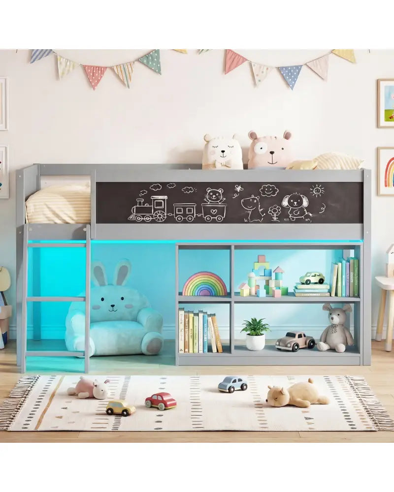Twin Size Kids Loft Bed with LED Lights and Removable Bookcase-Gray - Gray - Bunk Bed Frame