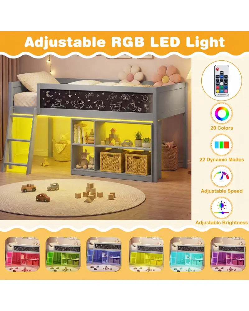 Twin Size Kids Loft Bed with LED Lights and Removable Bookcase-Gray - Gray - Bunk Bed Frame