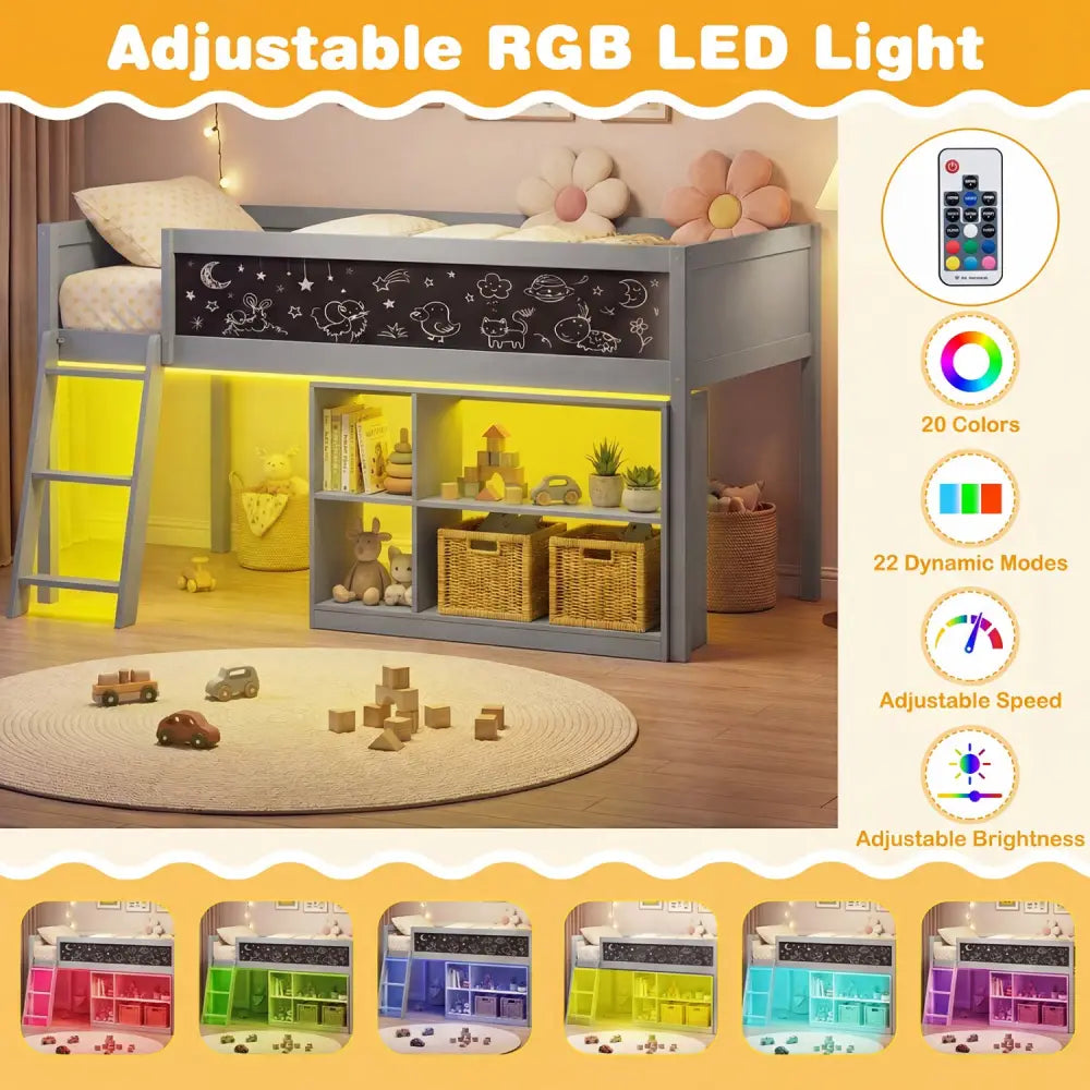 Twin Size Kids Loft Bed with LED Lights and Removable Bookcase-Gray - Gray - Bunk Bed Frame