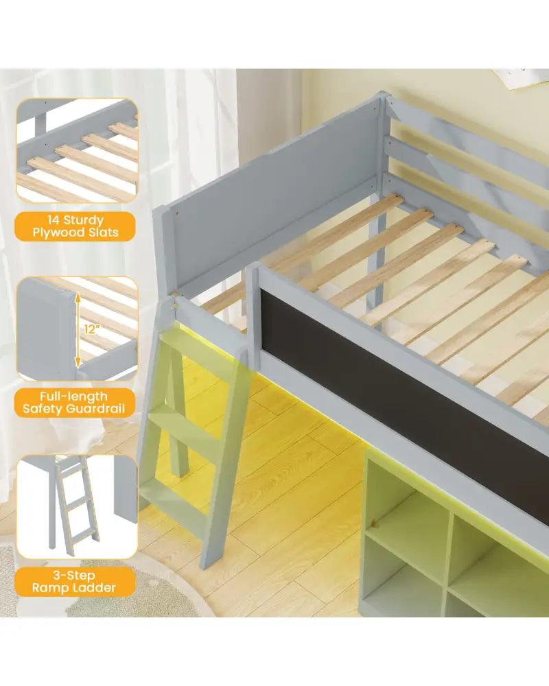 Twin Size Kids Loft Bed with LED Lights and Removable Bookcase-Gray - Gray - Bunk Bed Frame