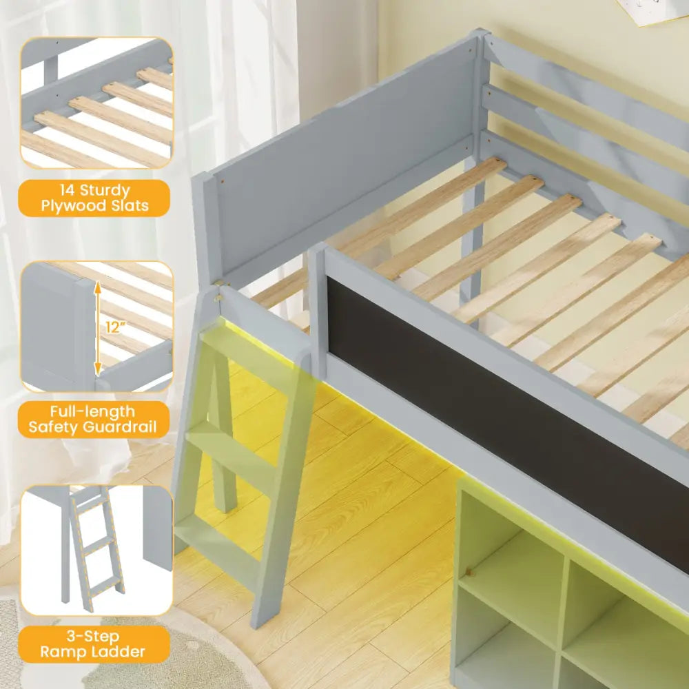 Twin Size Kids Loft Bed with LED Lights and Removable Bookcase-Gray - Gray - Bunk Bed Frame