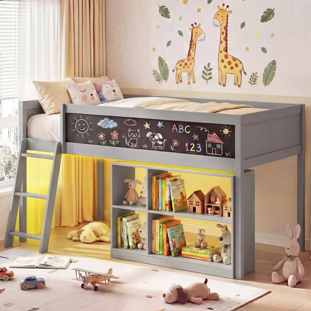 Twin Size Kids Loft Bed with LED Lights and Removable Bookcase-Gray - Gray - Bunk Bed Frame