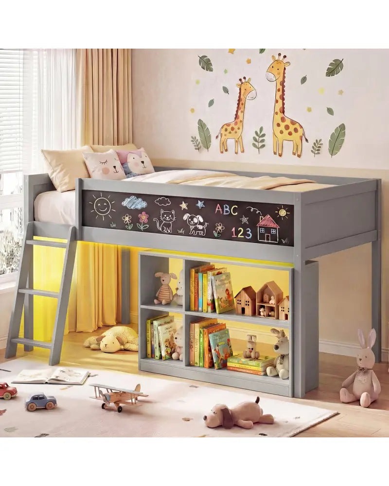 Twin Size Kids Loft Bed with LED Lights and Removable Bookcase-Gray - Gray - Bunk Bed Frame