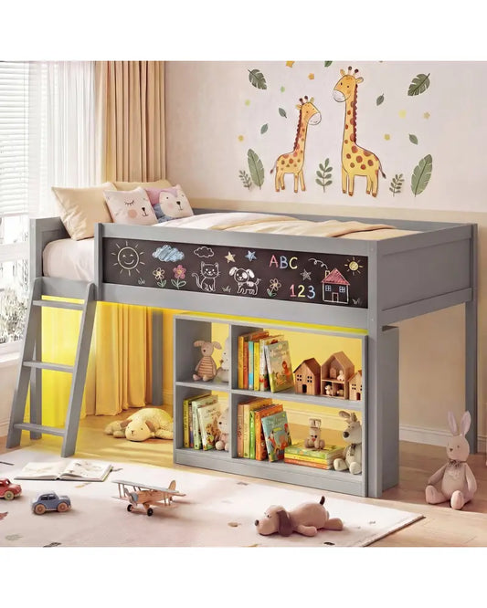 Twin Size Kids Loft Bed with LED Lights and Removable Bookcase-Gray - Gray - Bunk Bed Frame