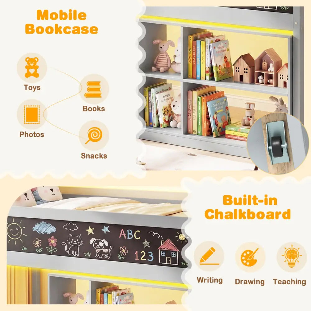 Twin Size Kids Loft Bed with LED Lights and Removable Bookcase-Gray - Gray - Bunk Bed Frame