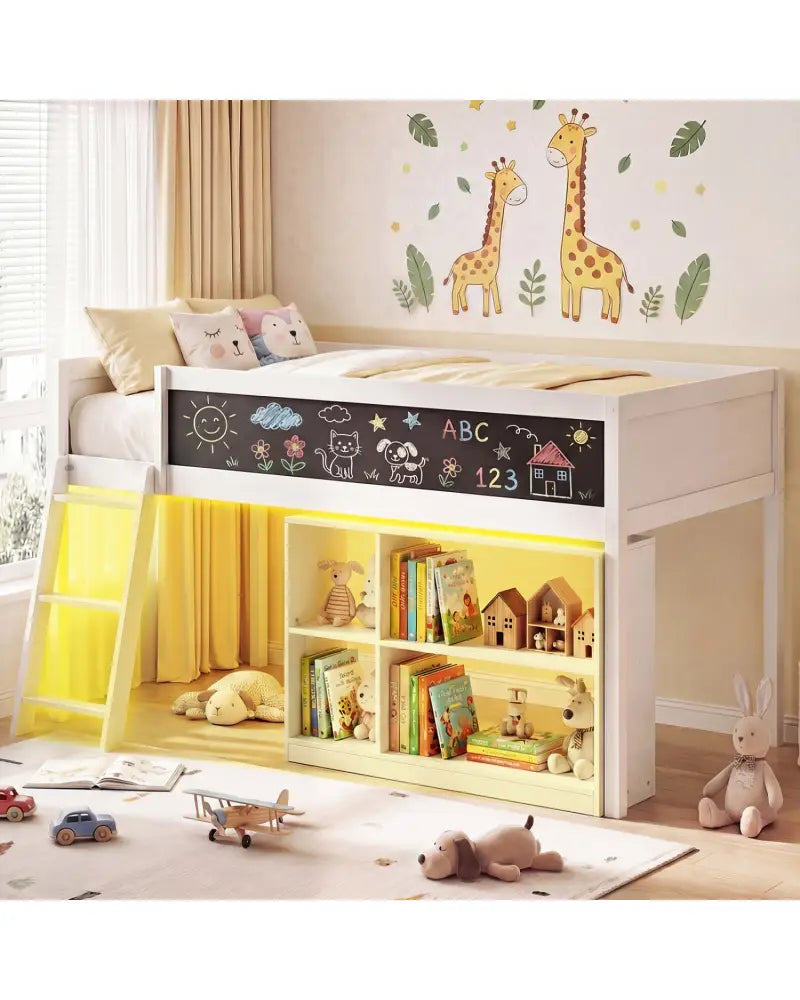 Twin Size Kids Loft Bed with LED Lights and Removable Bookcase-White - White - Bunk Bed Frame