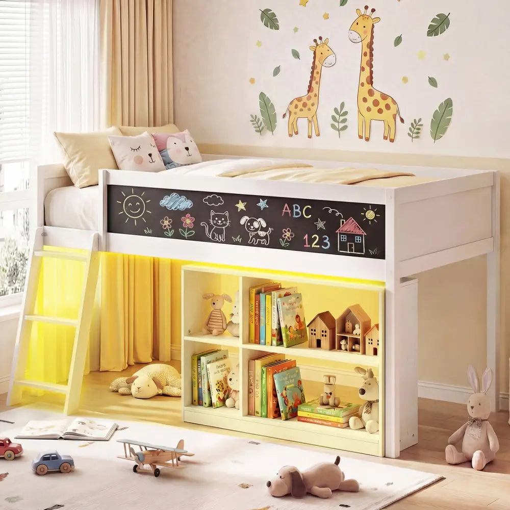Twin Size Kids Loft Bed with LED Lights and Removable Bookcase-White - White - Bunk Bed Frame