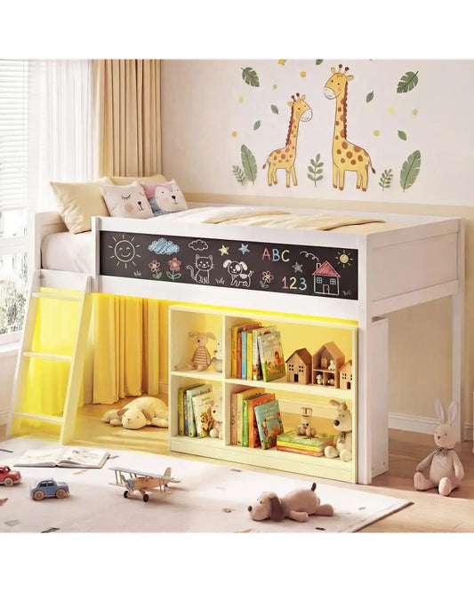 Twin Size Kids Loft Bed with LED Lights and Removable Bookcase-White - White - Bunk Bed Frame