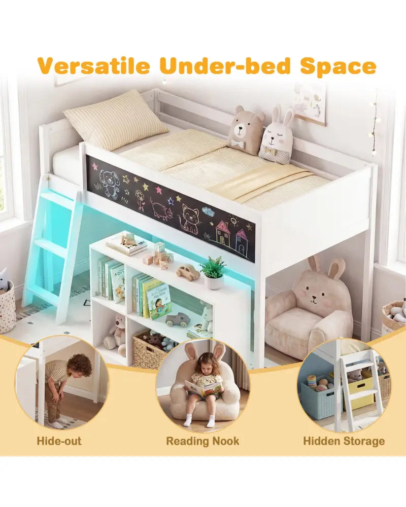 Twin Size Kids Loft Bed with LED Lights and Removable Bookcase-White - White - Bunk Bed Frame