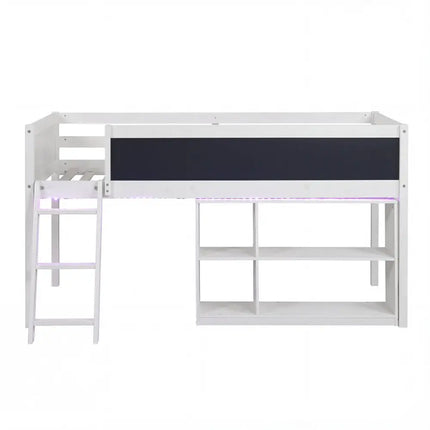 Twin Size Kids Loft Bed with LED Lights and Removable Bookcase-White - White - Bunk Bed Frame