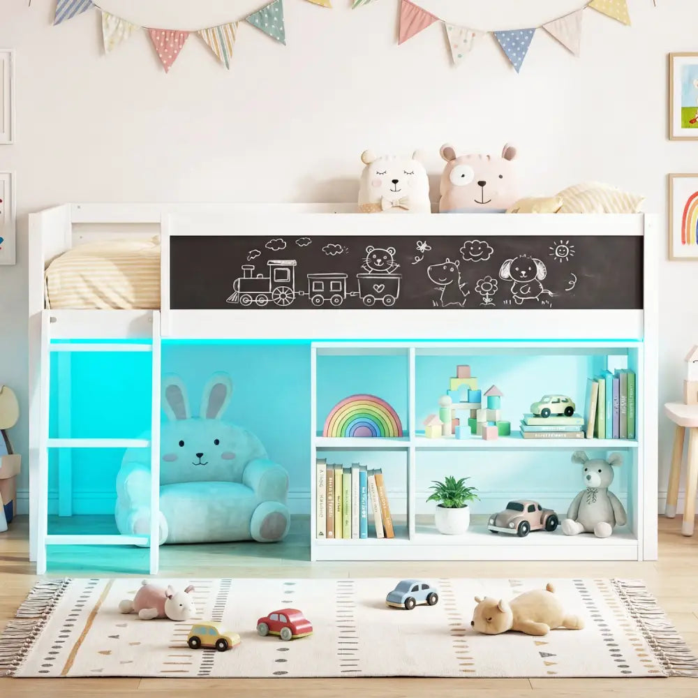 Twin Size Kids Loft Bed with LED Lights and Removable Bookcase-White - White - Bunk Bed Frame